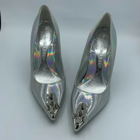 Alexander McQueen Women's Silver Spiked Punk Stud Holographic Pumps Size 36